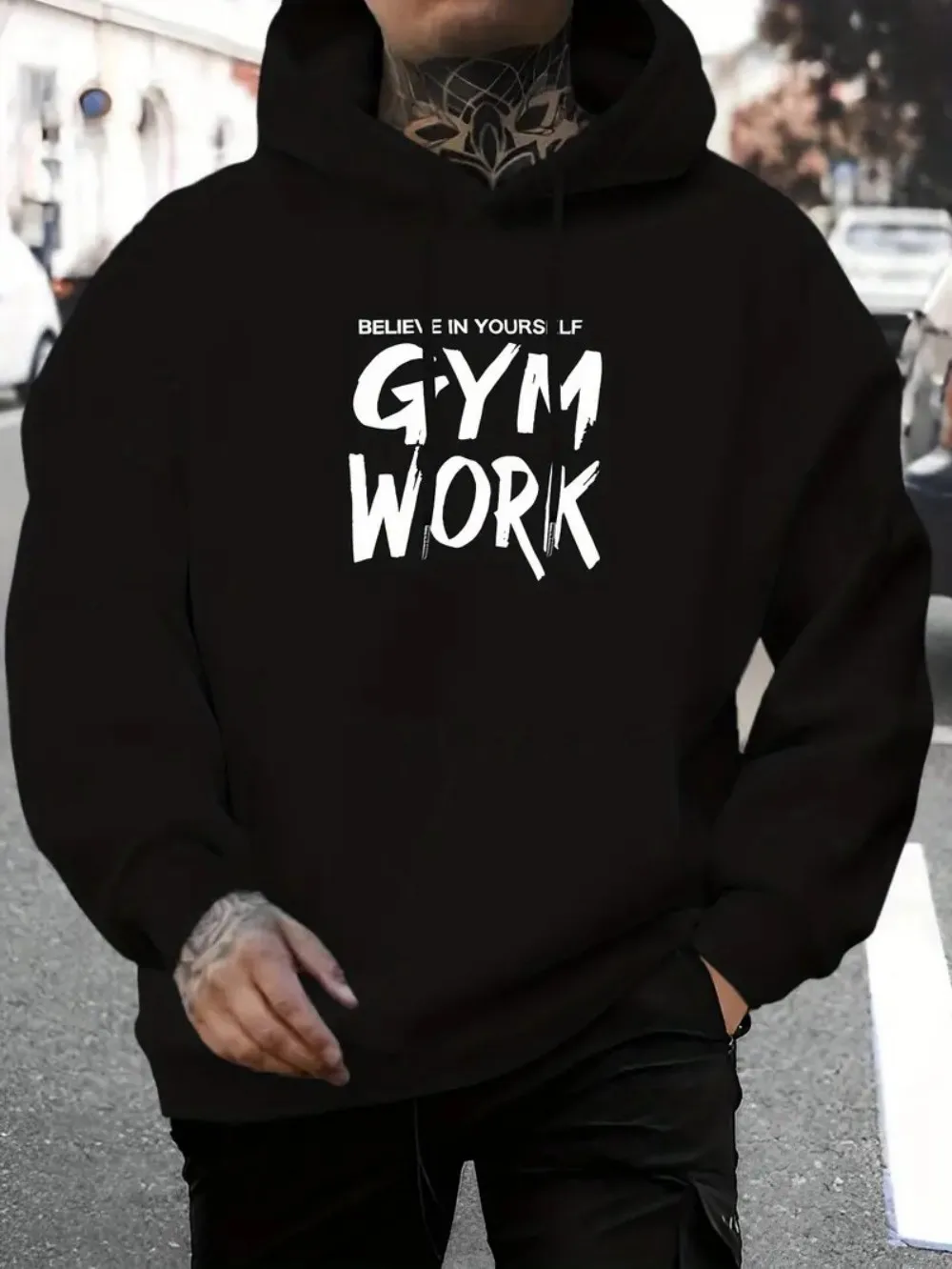 

Fashionable men's autumn muscle training letter print micro elastic comfortable hooded sweatshirt outdoor sports top