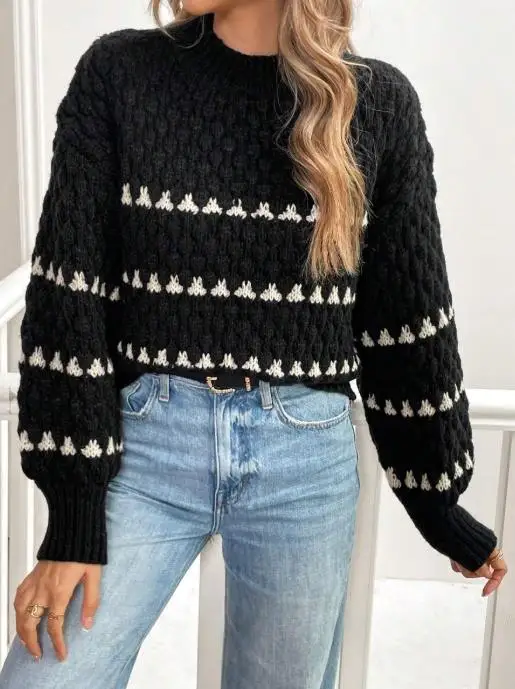 Women's 2025 Autumn Winter New Popular Item Contrasting Stripes Loose Fitting Pullover Round Neck Long Sleeved Knitted Sweater