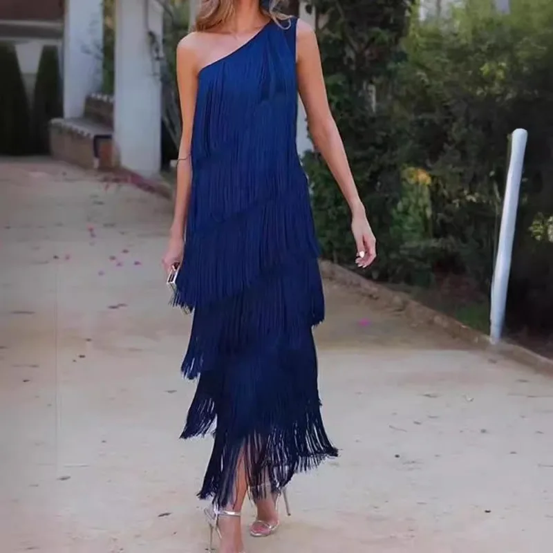 Elegant Women One Shoulder Cocktail Party Dress Sexy Luxurious Sleeveless Tassel Graduation Guest Dress Long Evening Dress Gown