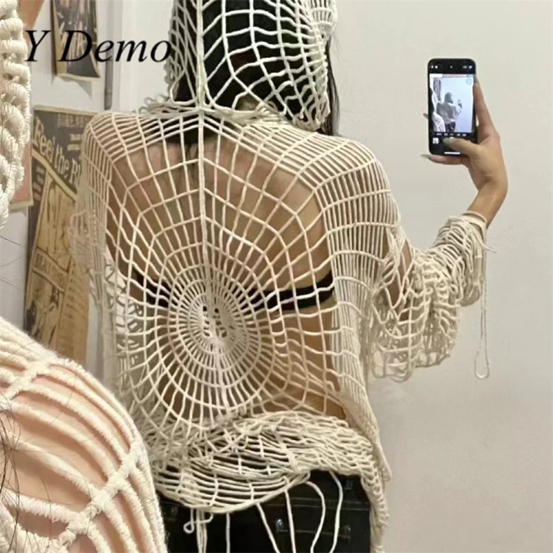 Y Demo Y2k Hollow Out Spider Web Women Hooded Knitted Sweater Loose Grunge Sexy Long Pullover