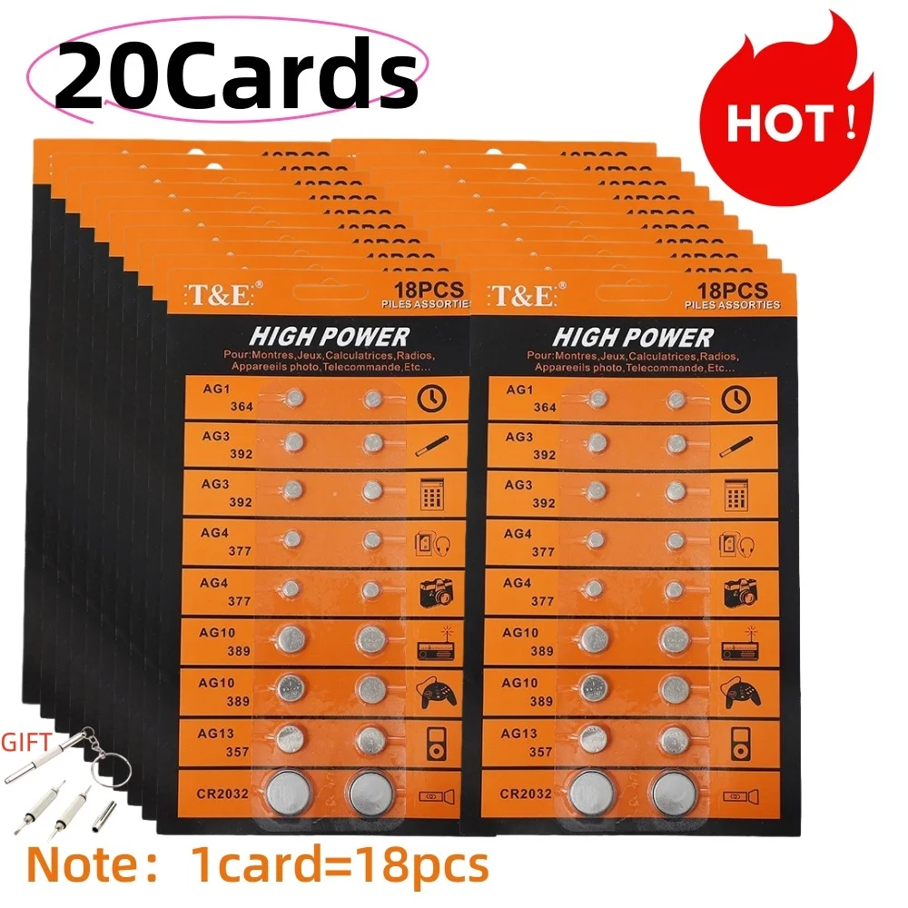 18 STKS AG1 364 AG3 392 AG4 377 AG10 389 AG13 357 CR2032 Knop Batterij Geschikt voor Horloge Speelgoed Afstandsbediening batterij