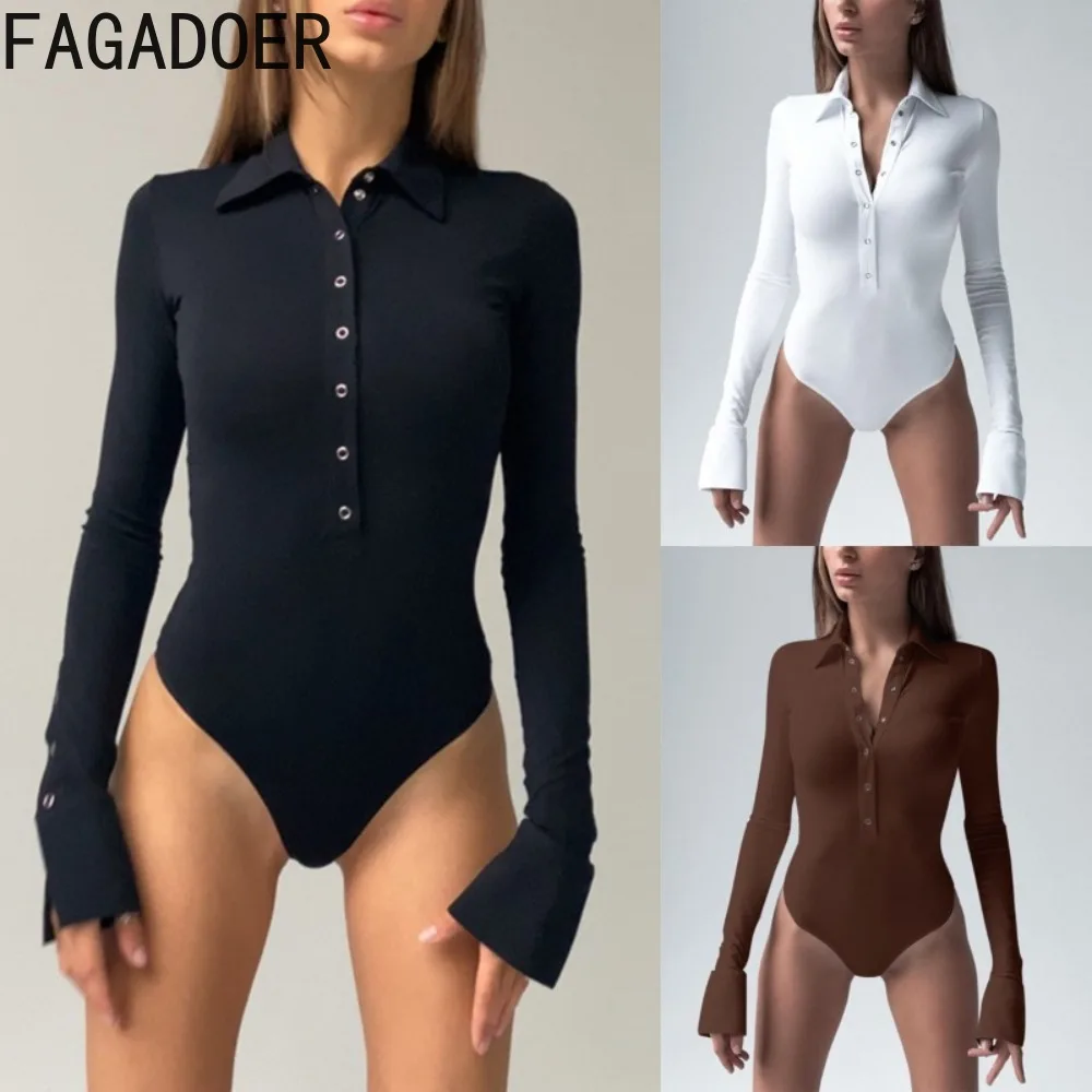

FAGADOER Sexy Ribbing Bodycon Jumpsuits for Woman Solid Color Long Sleeves Single Breasted Playsuits Rompers Female Streetwear