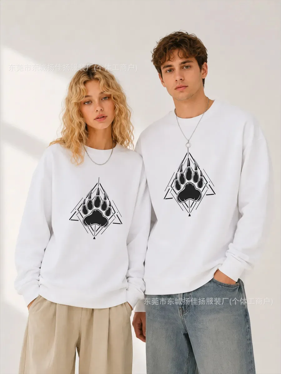 Y2K Warm Soft Fleece Line Crewneck Sweatshirt Geometric Triangle Bear Paw Graphic Print Oversized Pullover Street Sports Fashion