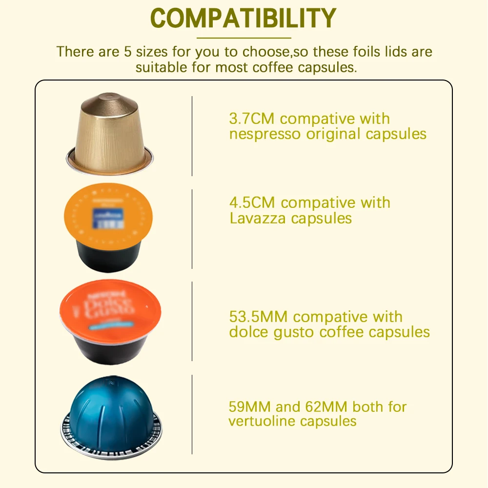 37/45/53.5/59/62MM Aluminum Foils Lids to Reuse Coffee Pods Compatible With Different Sizes Of Coffee Capsules