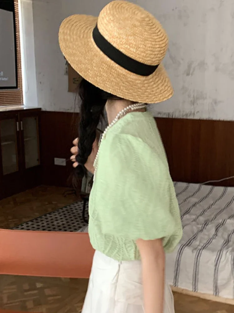 T-shirts Women Sweet Puff Sleeve Solid Gentle Tops Summer French Style All-match Aesthetic Girlish Simple Tender Mujer футболка