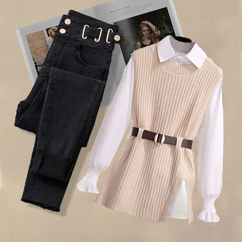 Large Autumn and Winter Suit for Women 2023 New Korean Fashion Knitted Vest Shirt Casual Slim Jeans Three Piece Set