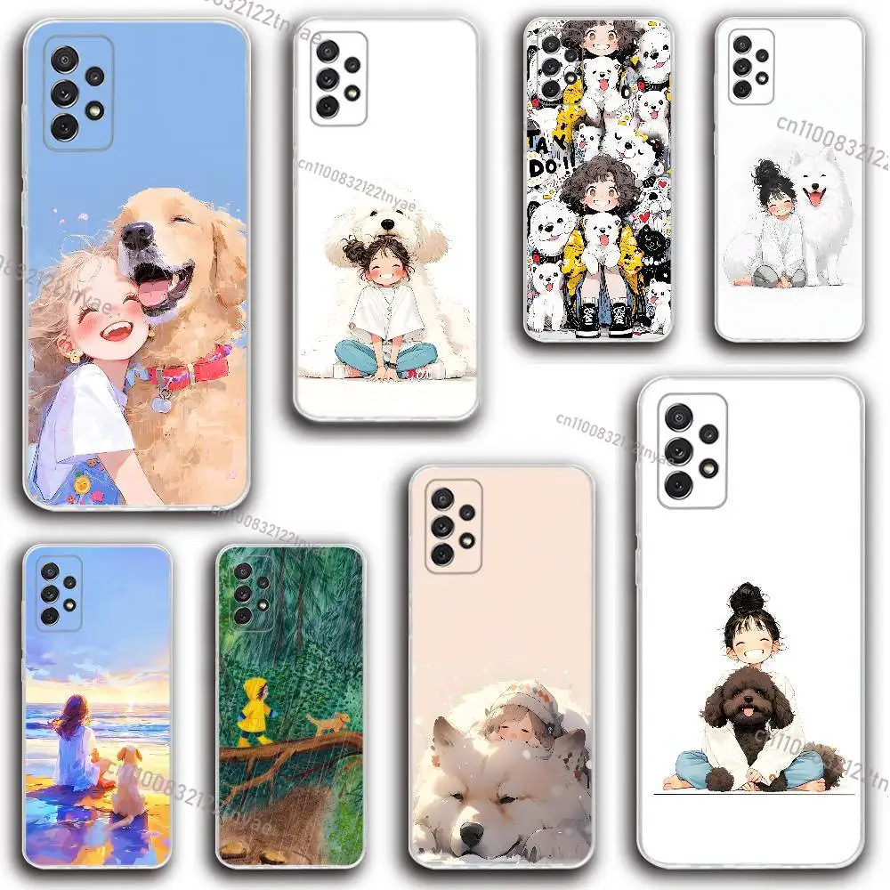 

Funny and cute girl and dog Phone Case Silicone For Samsung S30,23,21,22,20 FE lite,S10,9,PIus Note20ultra Soft Transparent
