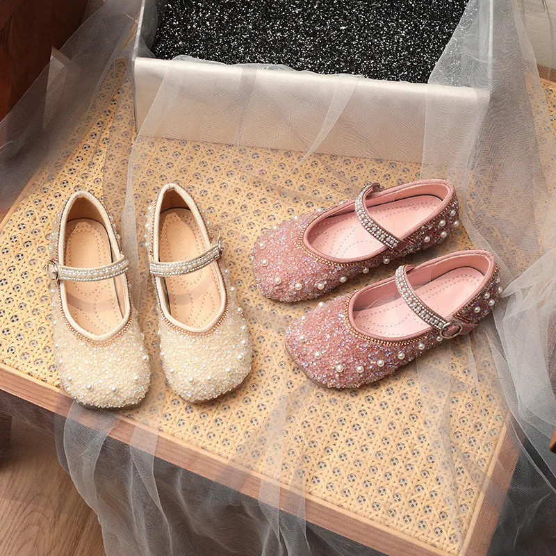 Girls Princess Shoes 2023 Spring Fashion Mary Jane Dress Dance Baby Kids Sandals Ballet Brand Glitter Pearl Pink Soft Sole Flats