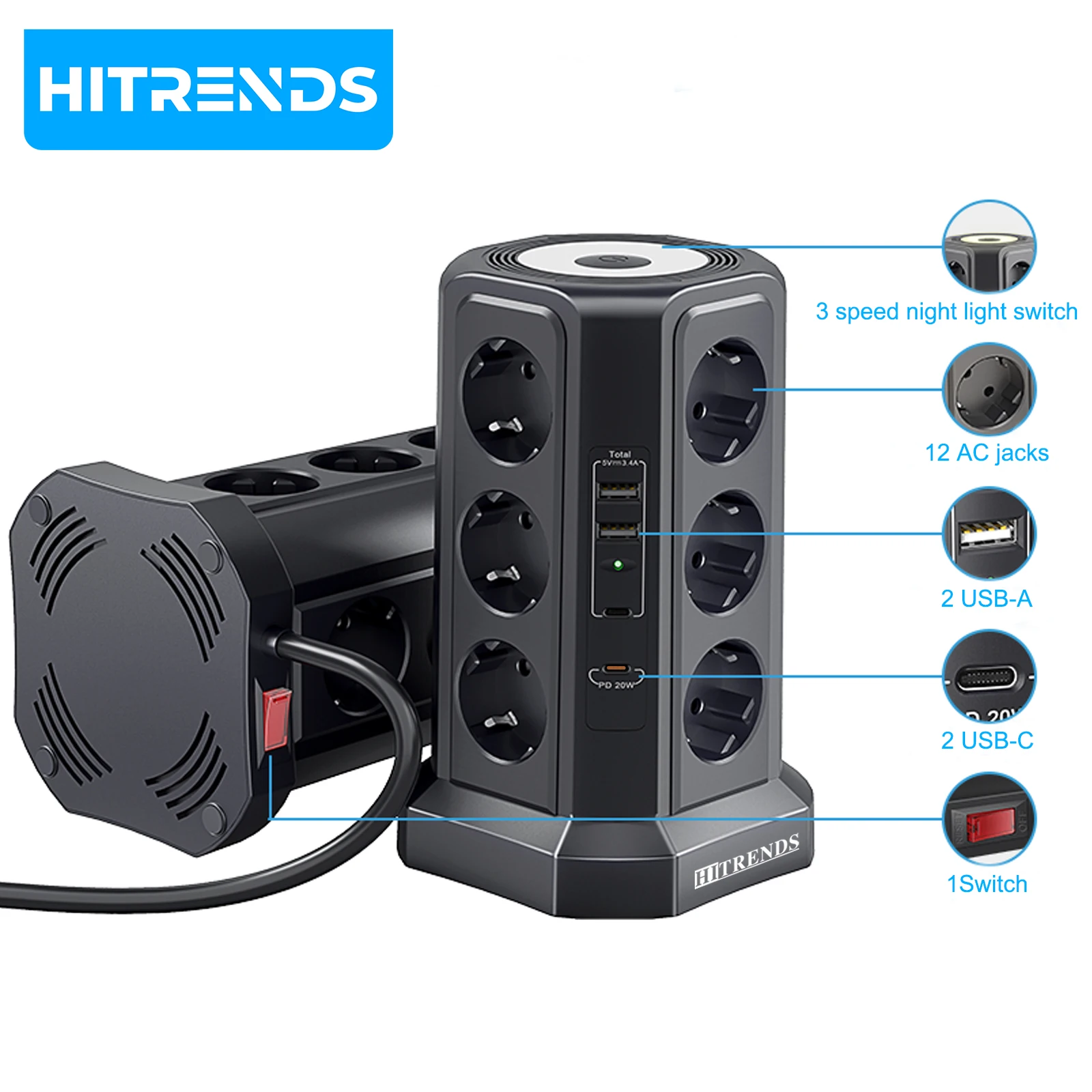 HITRENDS 12 ways EU Power Strip Tower with 3-level night lights, Power Socket with 2 USB A and 2 Type C PD20W Charge 1.8m