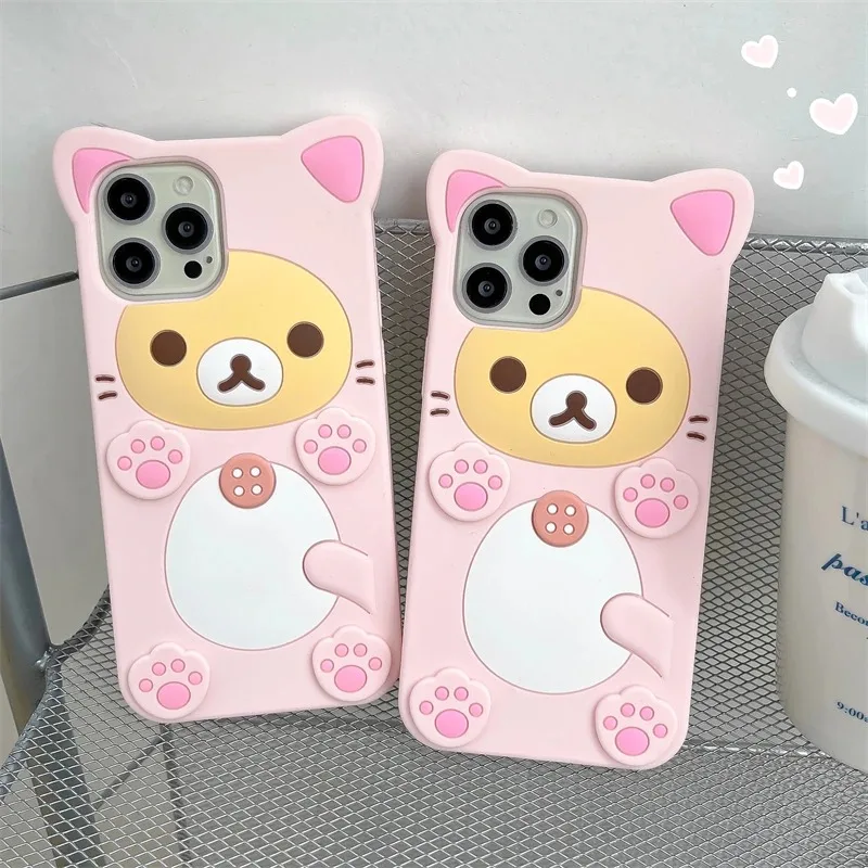 Bonito rilakkuma urso kitty gato pata caso de telefone para iphone 16 15 pro max 14 13 12 11 xxs xr 7 8 plus 6s 5S se capa de silicone macio