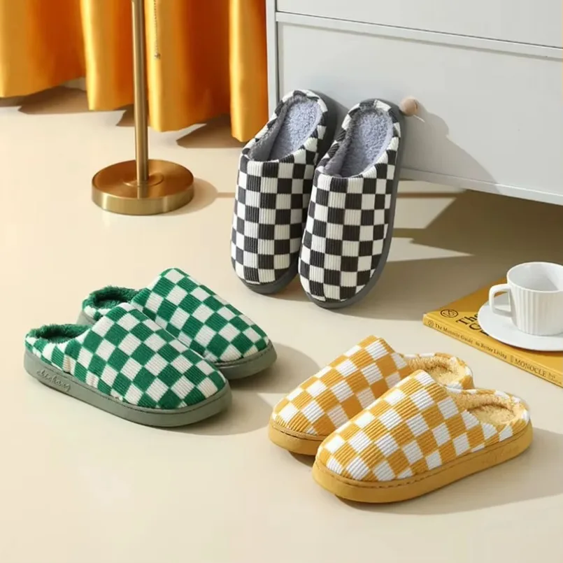 Fuzzy Slipper Womens Plaid Winter Warm Home Kawaii Pluche Katoen Indoor Grappig Schattig Huis Vloer Schoenen Vrouwelijke Dambord 2025