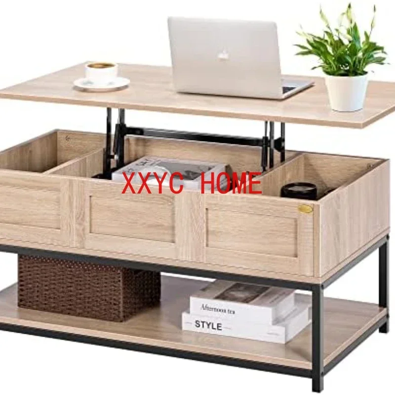 Top Coffee Table with Steel Frame, Dining Table with Open Storage and Hidden Compartment, Suitable for Living Room, Office, Smal