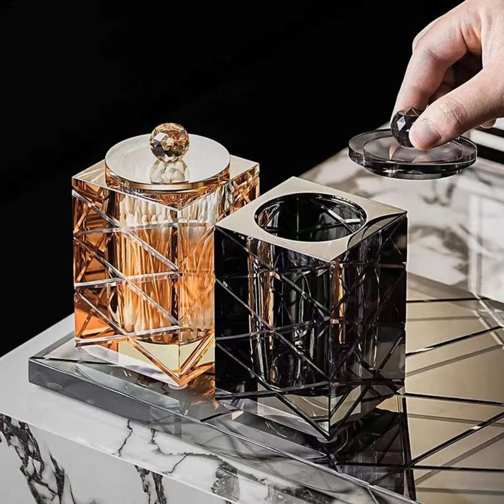Crystal Glass Carved Cotton Swab Box Storage Jar Hotel Bathroom Countertop Storage Box Toothpick Jar Home Desktop Decoration