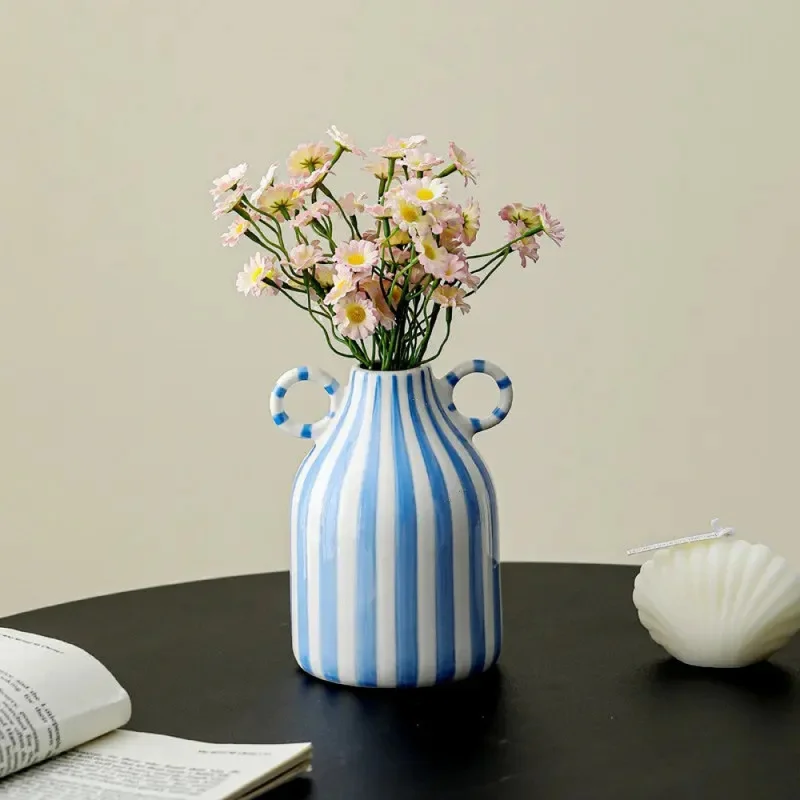Nordic Hand-Painted Striped Ceramic Vase, Double Handle Floral Decor