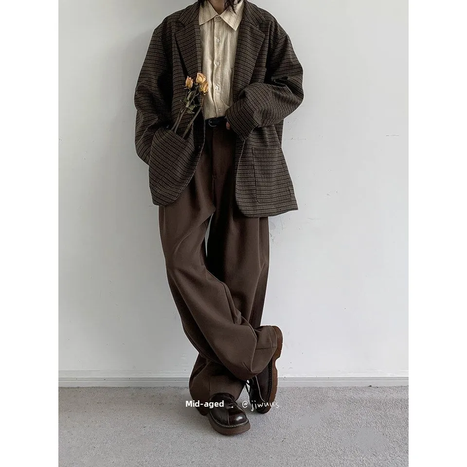 Café Brown Straight Leg Men's Casual Trousers Vintage Loose Fit Wide Leg Pants Draping Style Workwear Polyester Fiber