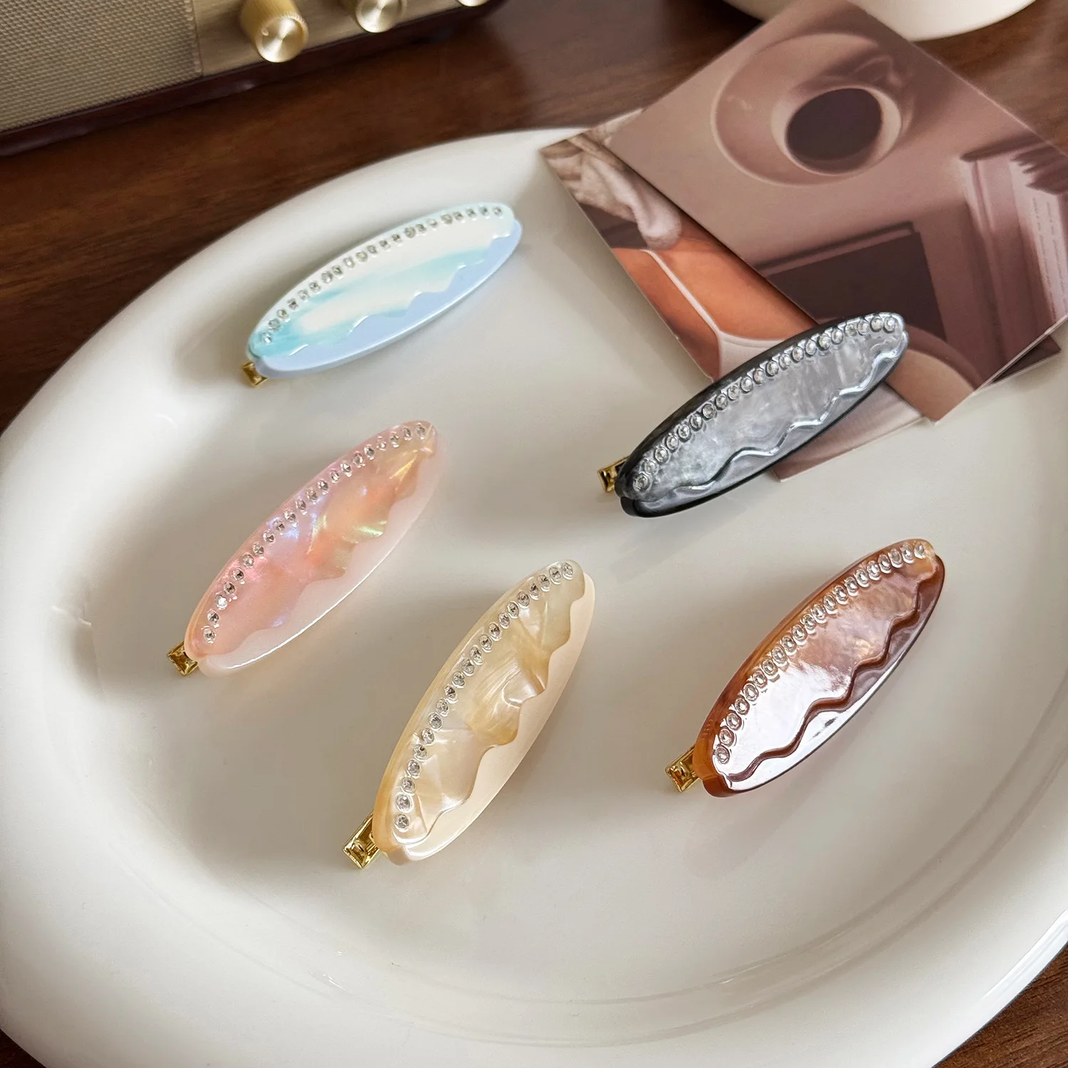 Light Luxury New Design 6.5cm Oval Rhinestones Hair Clip For Sweet Girls Cute Acetic Acid Duckbill Clip Edge Clip Hair Accessory