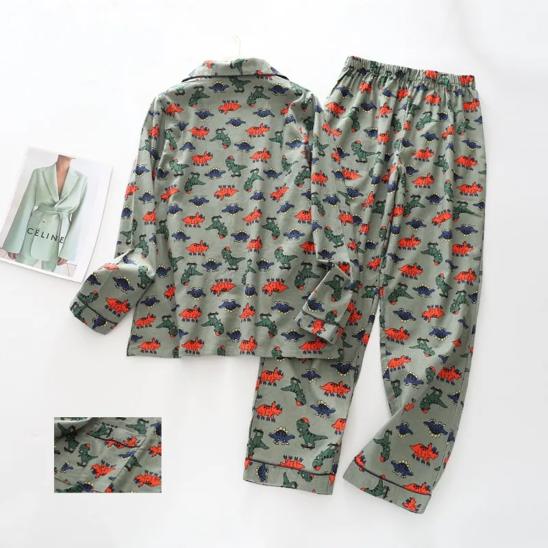 Spring Autumn Men Cartoon Pajama sets Male Cotton Sleepwear Suit Long Sleeve Turn-down Collar Shirt & Pants Home Clothes