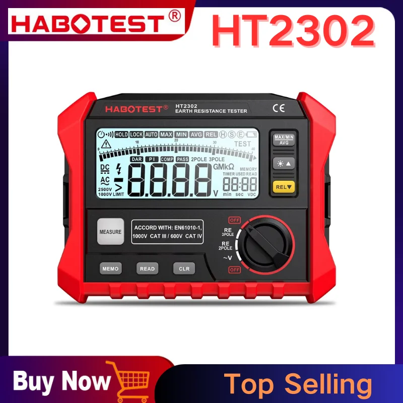 HABOTEST HT2302 Insulation Resistance Tester Earth Ground Resistance Tester Digital Megohmmeter Meter 100 Groups Data Storage
