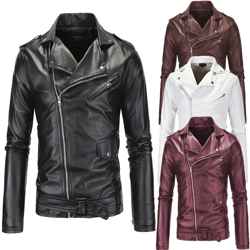 Stylish slim High quality men\'s leather jacket Trend lapel diagonal zipper classic motorcycle leather jacket Faux leather jacket