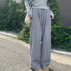100% Cotton Casual Homewear Striped Trousers Women 2026 New Korean Summer Drawstring Elastic Waist Loose Pant Sleeping Pants