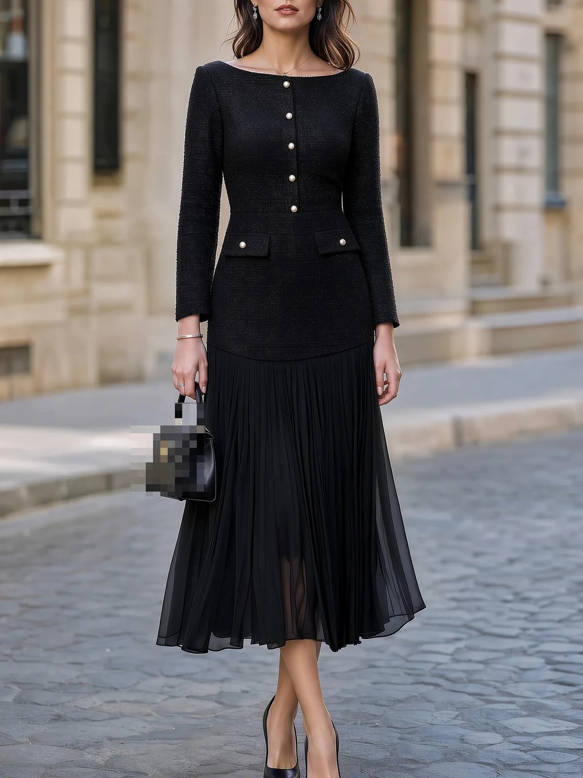 Customized Black Tweed Patchwork Midi Dress Boat Neck Long Sleeve Pearl Button Pleated Chiffon Skirt Elegant Formal Party Dress