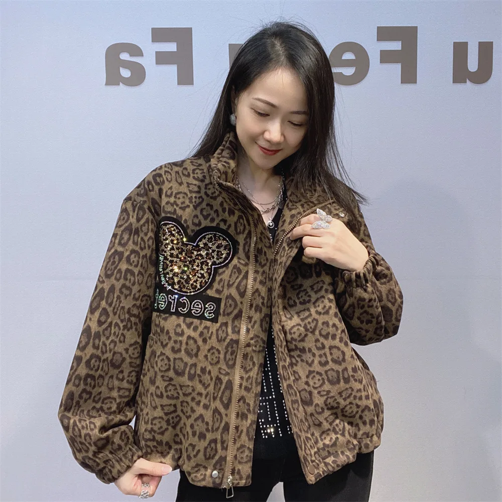 2025 Winter Cartoon Leopard Print Long Sleeve Jackets Coat For Woman Casual Zipper Oversized Tops Y2k Clothes Vestidos Outwears