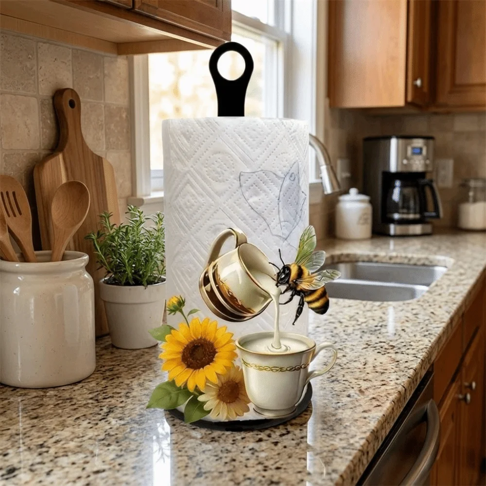 2D Flat Acrylic Roll Paper Towel Holder Sunflower Floral Wooden Base Paper Towel Stand Freestanding Decorative