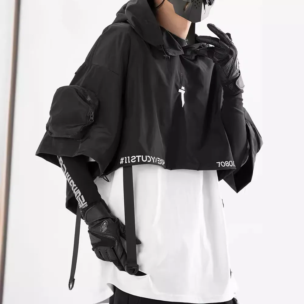 2024 Hotsale Techwear Style Hip Hop Cropped Jacket Pullover Mens Punk Motorcycle Hooded Cloak Multi-pockets Jaqueta