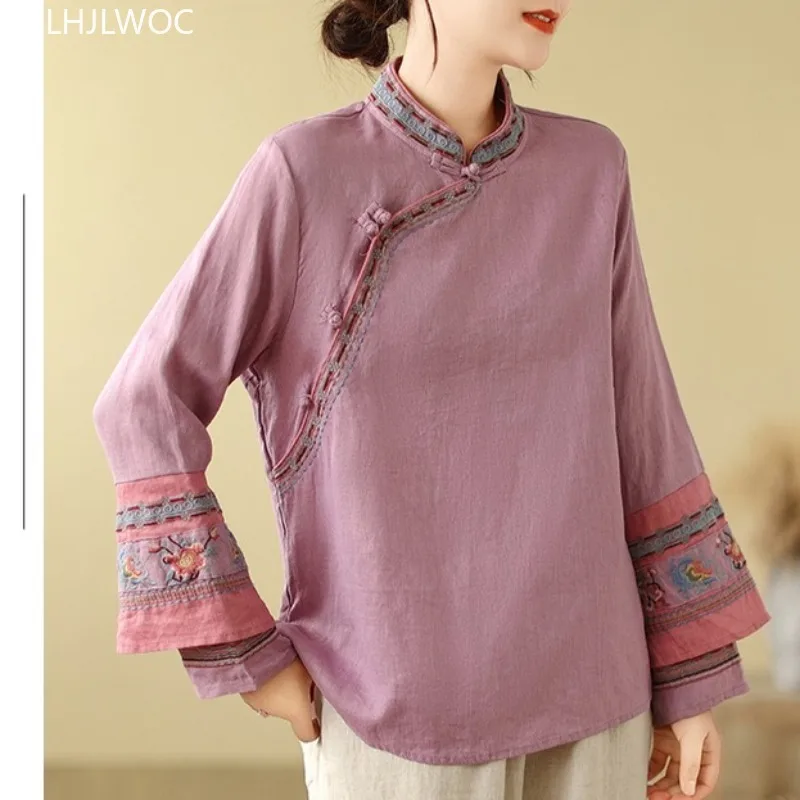 コットンリネン刺繍トップス中国風チーパオスタンドカラーデザイン 2025 秋の女性のかわいいエレガントなレトロシャツブラウスヴィンテージ