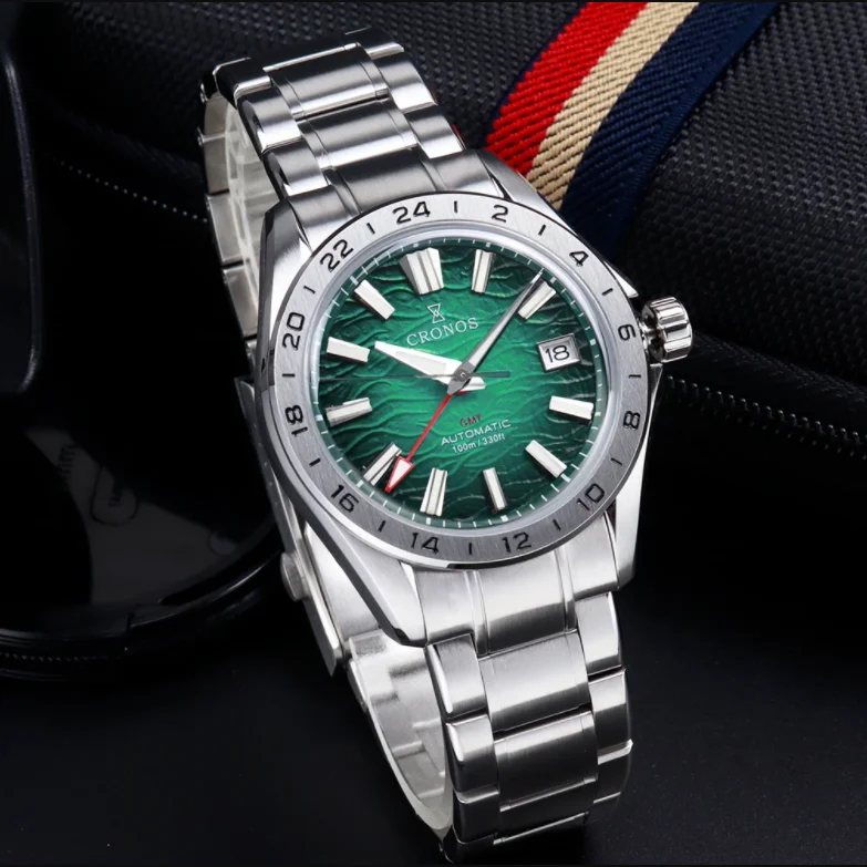 

CRONOS мужские часы GMT 39 мм автоматические механические наручные часы с сапфировым стеклом для дайвера 10ATM водонепроницаемые BGW9 светящиеся NH34 текстурированный циферблат в пустыне