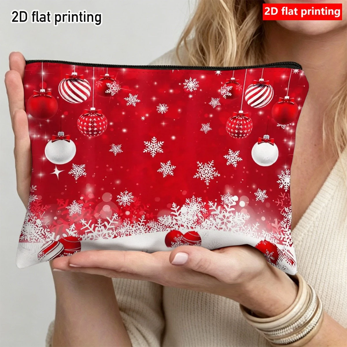 1pc 2D Flat Printed Holiday Christmas Ornament and Snowflake Makeup Bag, Beach, Red Background with Hanging Decorative Ball