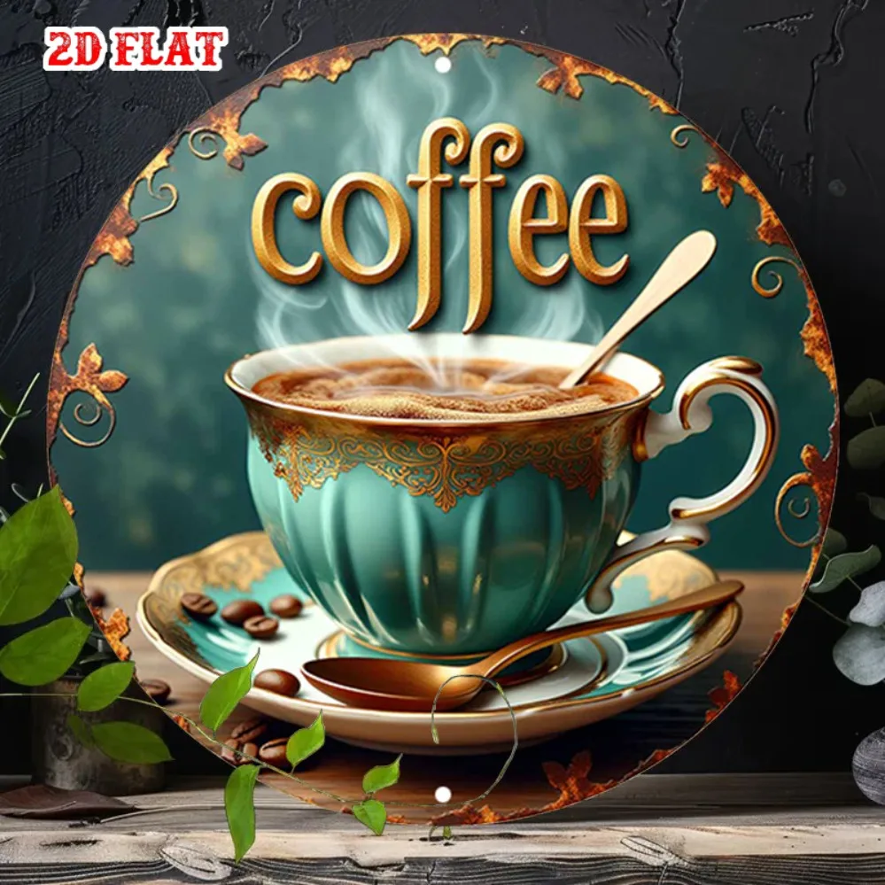 Vintage Smiling Cup Coffee Metal Sign - 7.87x7.87 Gold Teal Aluminum Wall Art for Home Kitchen Bar Decor