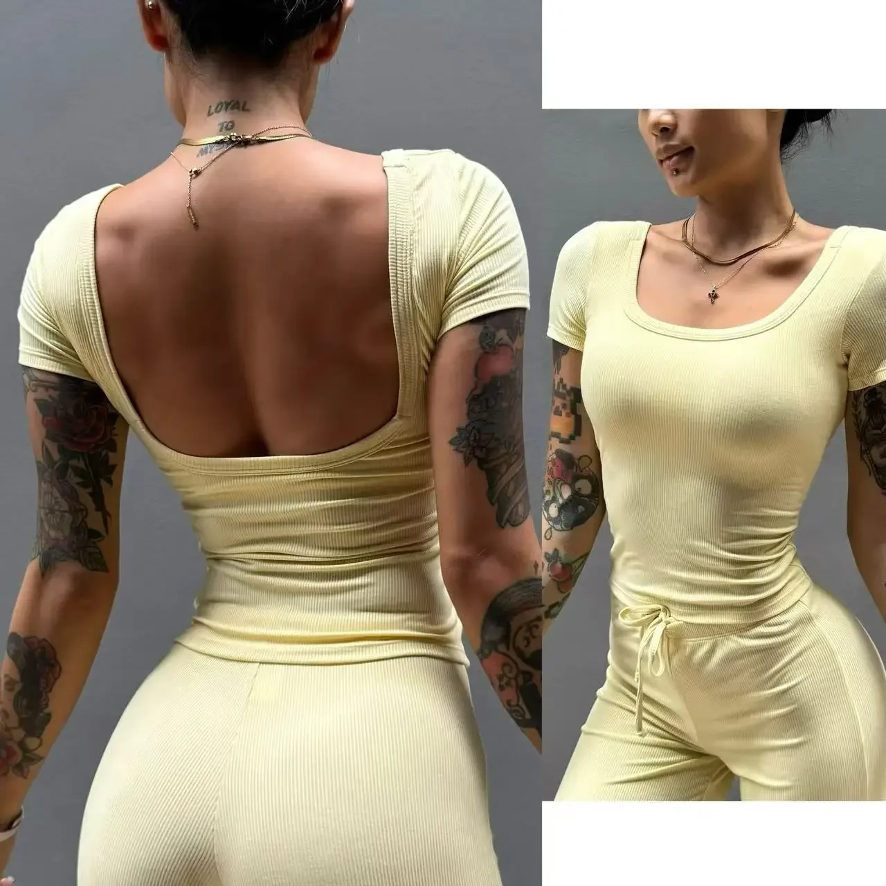 مع وسادة الصدر جميلة الظهر الرسن U-n eck مثير الرياضة اللياقة البدنية اليوغا لباس خارجي قصيرة الأكمام للنساء مرونة عارية