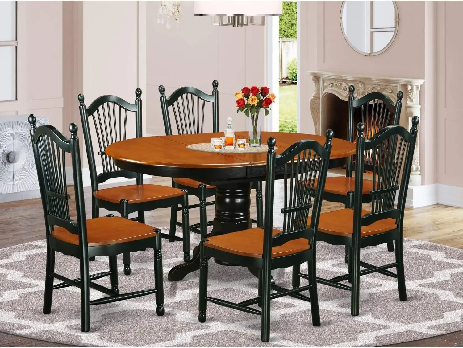 7 Piece Dining Room Table Set Consist of an Oval Wooden Table with Butterfly Leaf and 6 Kitchen Dining Chairs, 42x60 Inch