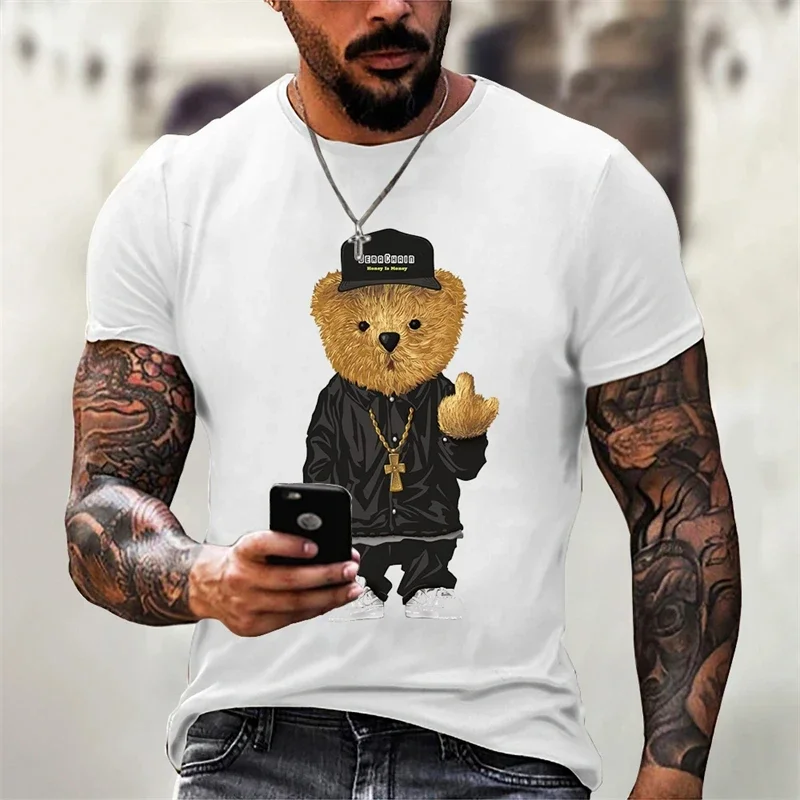 Summer Men's New Teddy Bear Pattern 3D Printed Pattern Men's Casual O-neck Short Sleeved Street Fashion Oversized Top