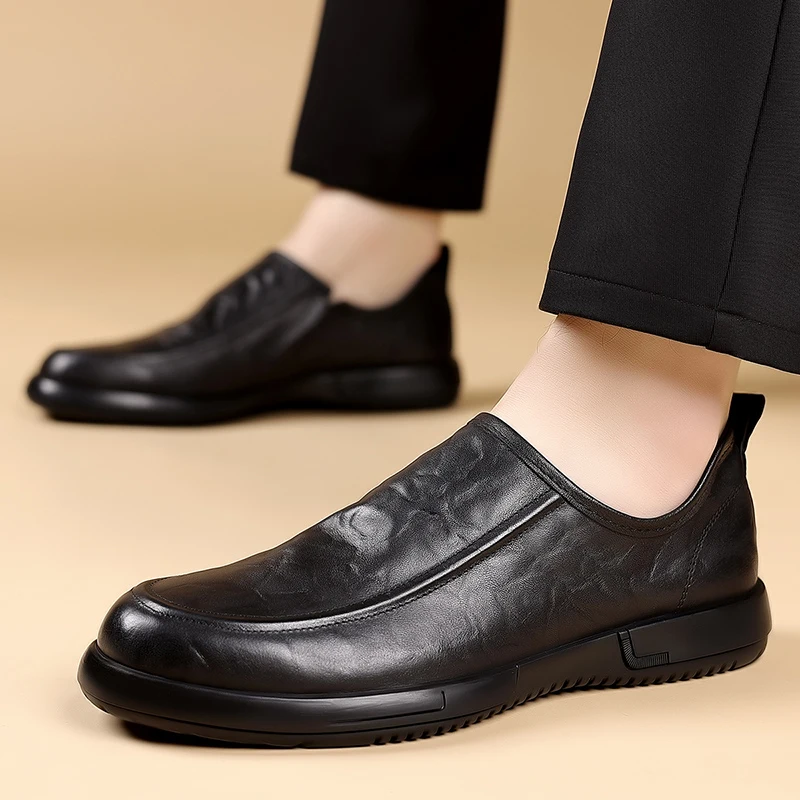 

Мужские черные лоферы из натуральной кожи, эластичные удобные модные мужские мокасины без шнуровки в деловом стиле
