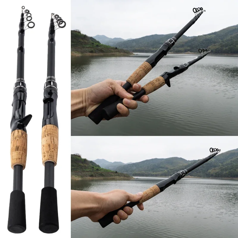 Caña telescópica DEUKIO carbono – Spinning baitcasting 2.4M mango madera - imagen 2