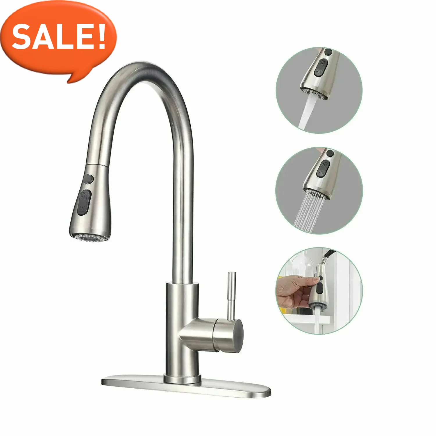 

Смеситель для кухни из нержавеющей стали - 360° ° Вращающийся телескопический смеситель для горячей/холодной воды, прочный дизайн с одной ручкой