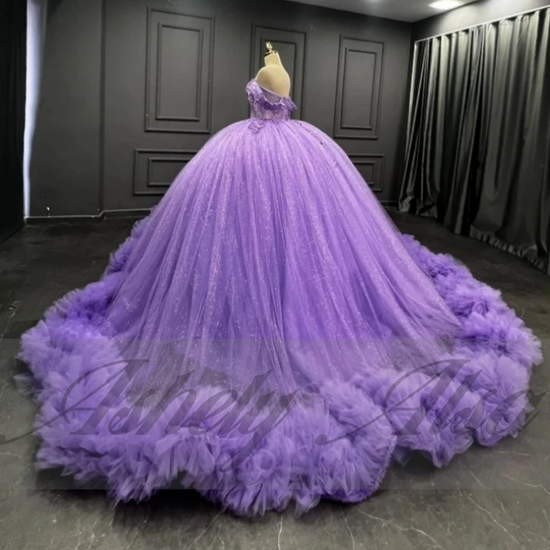 Luxo lavanda princesa 15 quinceanera vestido fora do ombro grânulo applique plissado tule inchado feminino baile de formatura festa de aniversário personalizado