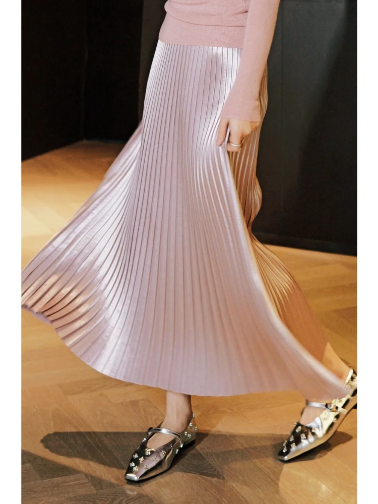 

Women's French Pleated Midi Skirt Soft Shine Glossy Iridescent Flowy A-line Skirt