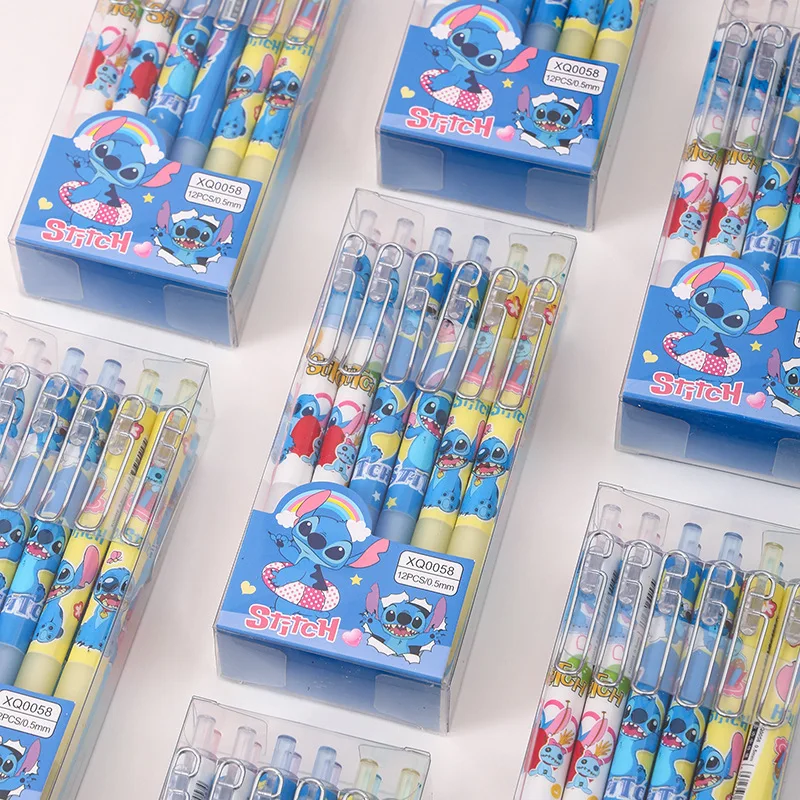 Disney 12pcs Stitch Gel Pens Cartoon New Pressing Pen Black Water Ink 0.5mm Cute Signature Pen Stationery Student children Gift