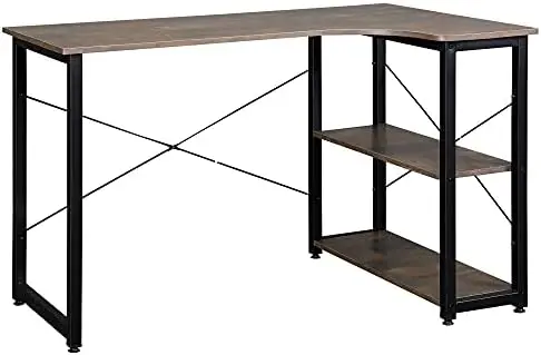 

Industrial L-Shaped Computer Desk with 2 Side Shelves and Steel Frame, Corner Desk, Study Workstation for Home Office, Dark Grey