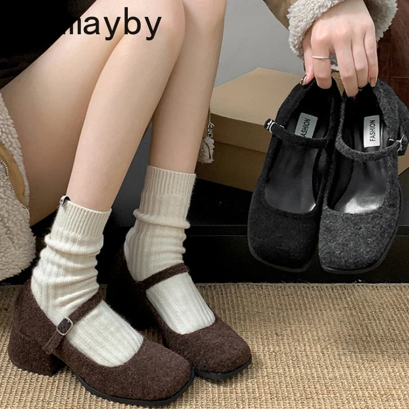 Designer Spring Square Toe Women Lamb Wool Mary Jane Shoes Fashion Shallow Thick Heel Shoes Concise Outdoor Lady Shoes