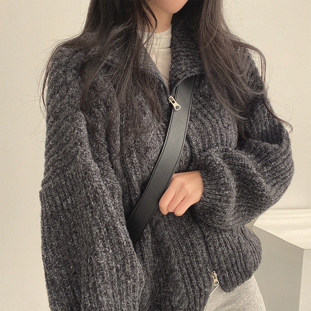 Thiened Maglione lavorato a maglia a collo alto con doppia cerniera Cardigan lungo aperto Sve Capispalla lavorato a maglia Lazy Sle Versione coreana Win...