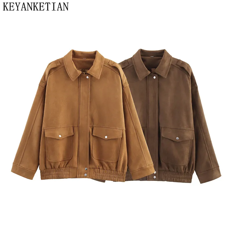 KEYANKETIAN femmes rabat poche épaule Badge col rabat Texture en daim veste de pilote ample automne nouveau manteau femmes vêtements d'extérieur