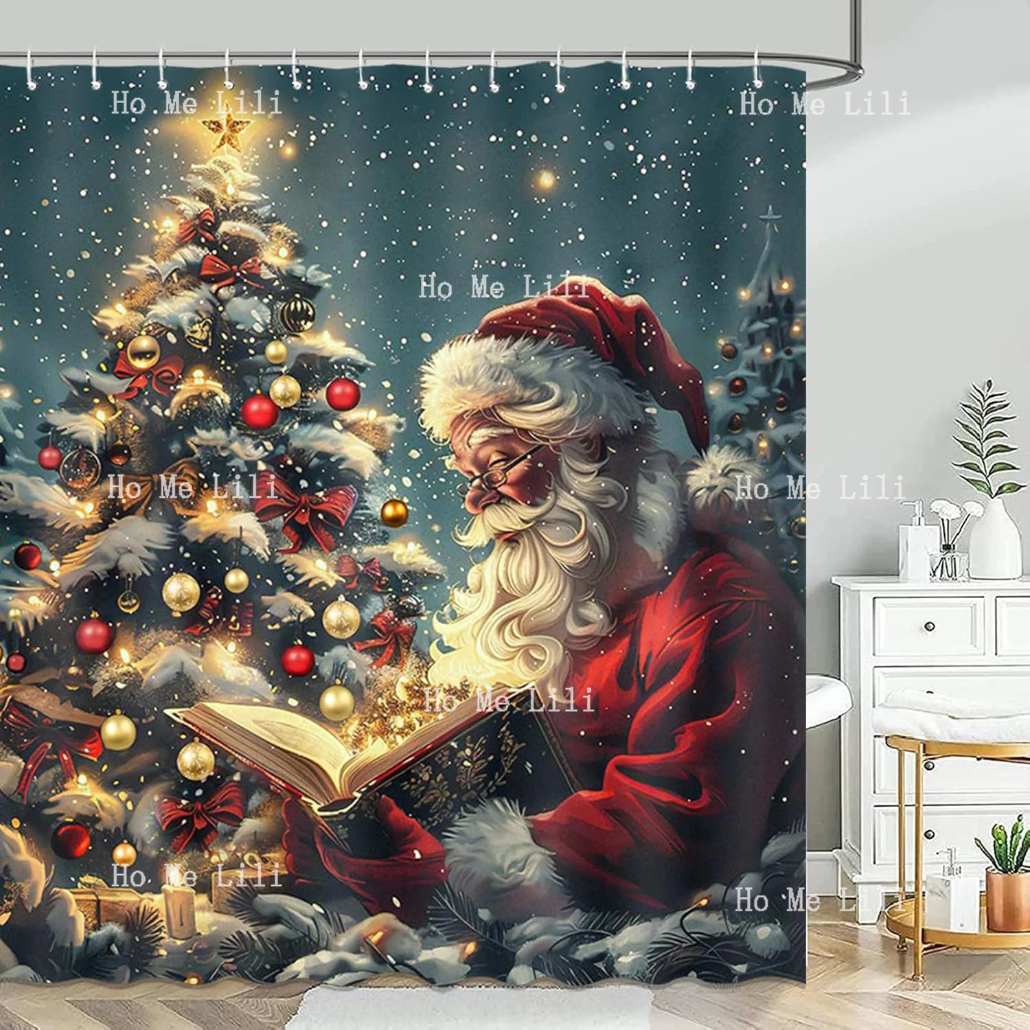 Christmas Santa Claus Xmas Tree Bathroom Shower Curtain Winter Holiday Waterproof Bathtub Curtain Decor