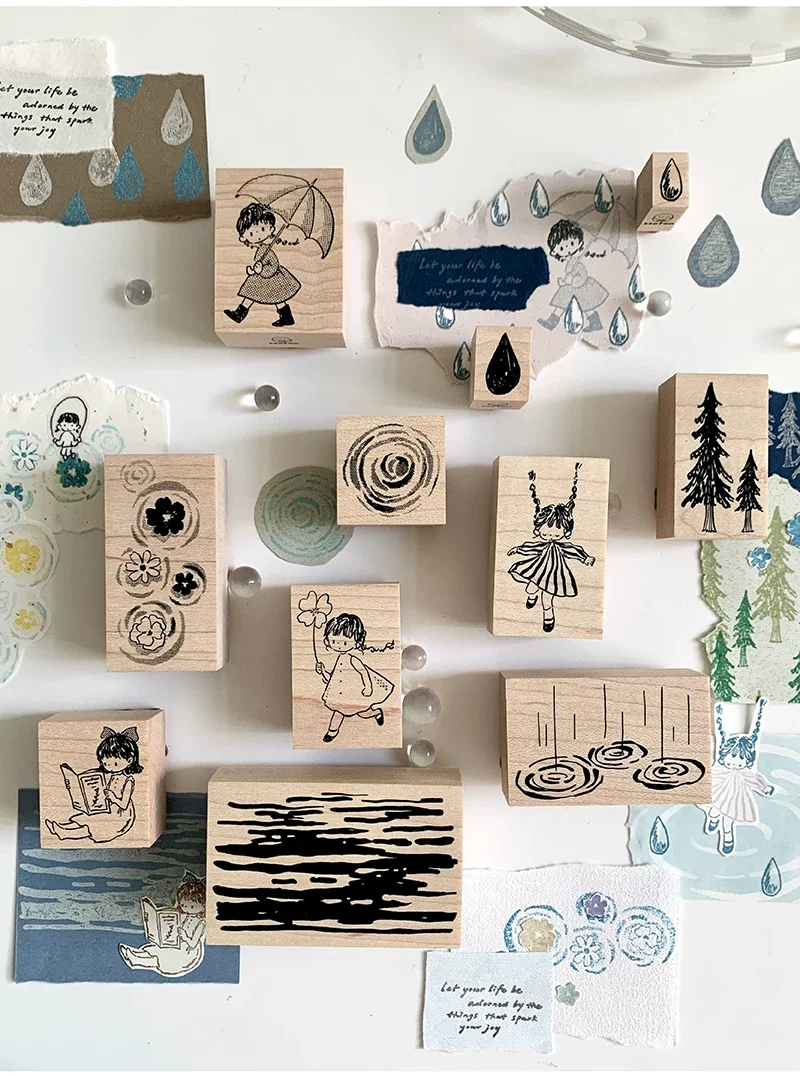 Zzoton Lovely Clover Rainbow Girl Ripple Raindrop Wooden Rubber Stamp DIY Scrapbooking Photo Album Card Making Wood Seal
