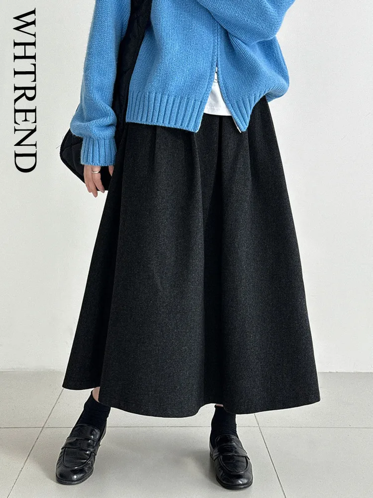 

WHTREND Korean Style Simple High Waist Mid-Length Wool Skirt For Women Autumn Winter New Draped A-Line Skirts WH2065