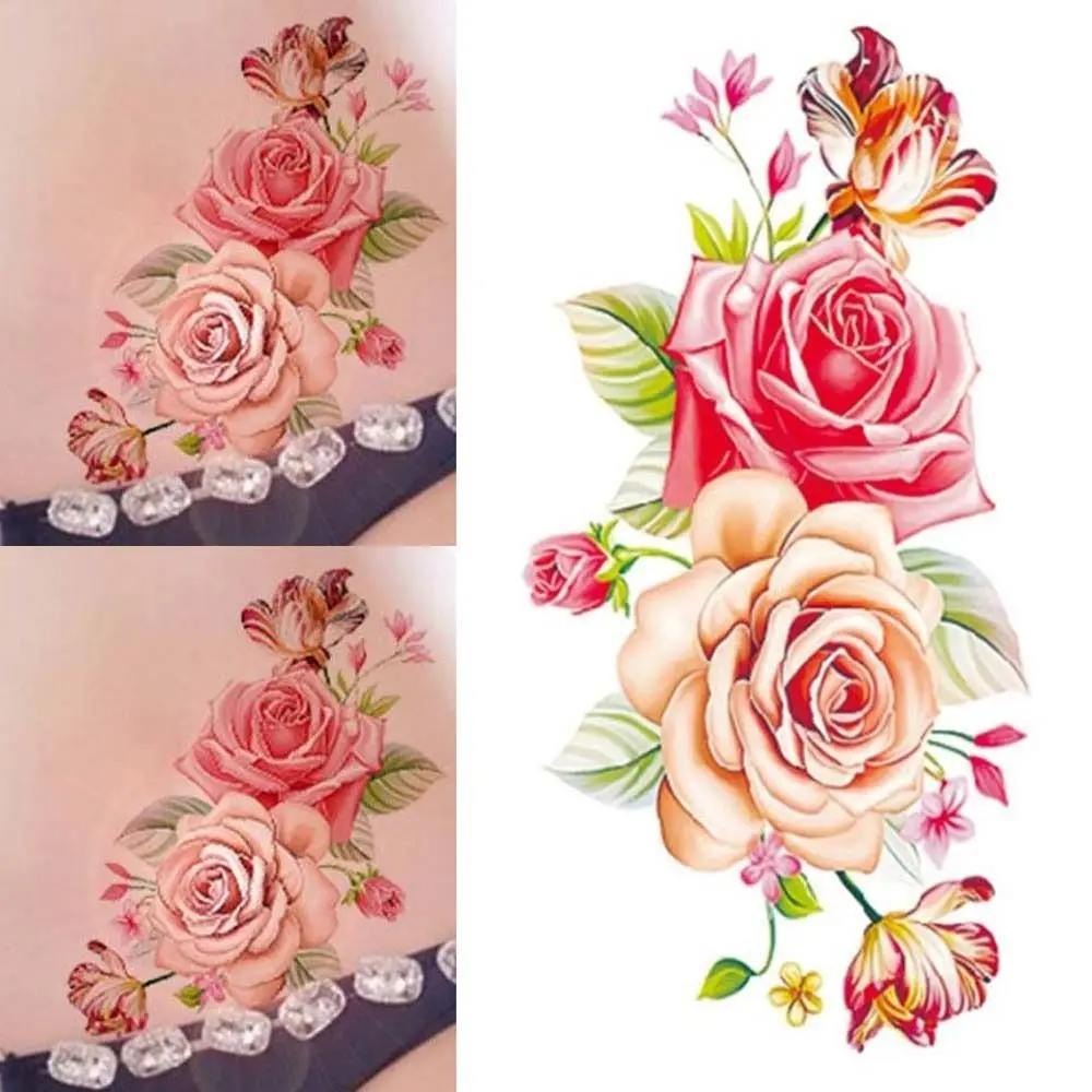 Rose Butterfly Flower Temporary Tattoo Stickers Waterproof 3D Texture Butterfly Tattoo Stickers Lotus Green Leaf Long Lasting