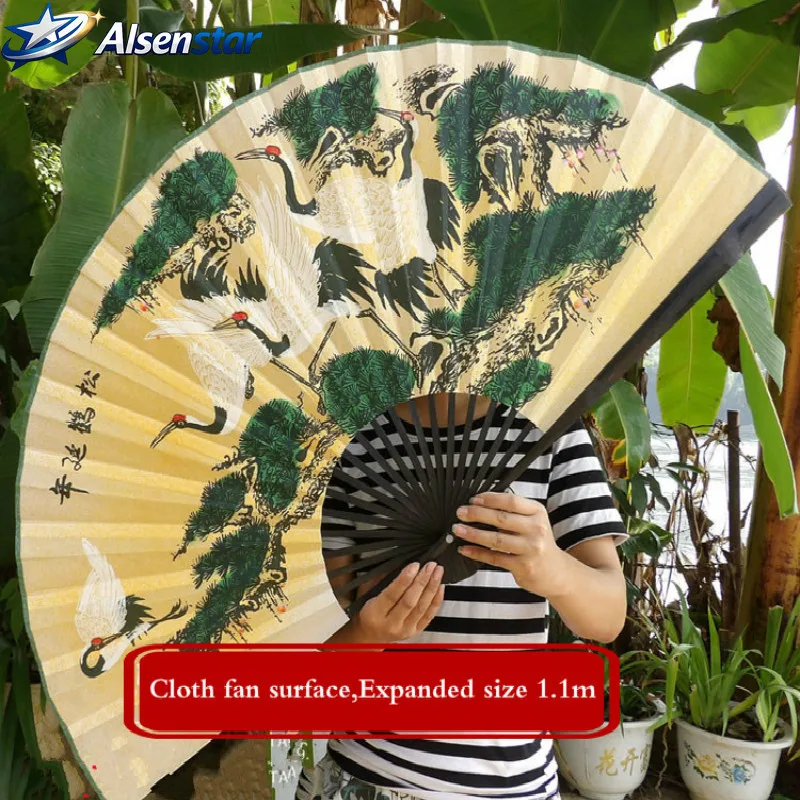 Wall Mount Silk Imitation Decorative Fan Classical Oversized Longevity Crane Decoration Fan Living Room Decorative Furnishings